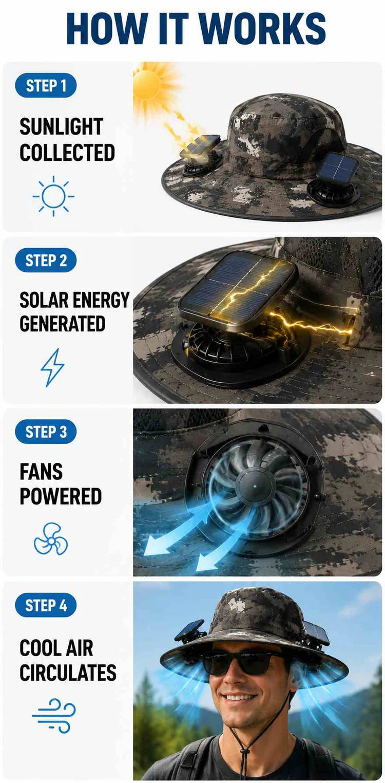 Outdoor Hat With Solar Powered Fans,Your head's best friend on hot days.