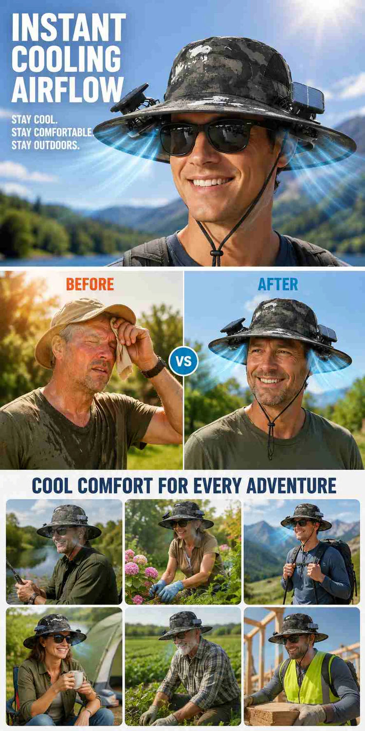 Outdoor Hat With Solar Powered Fans，Your head's best friend on hot days.